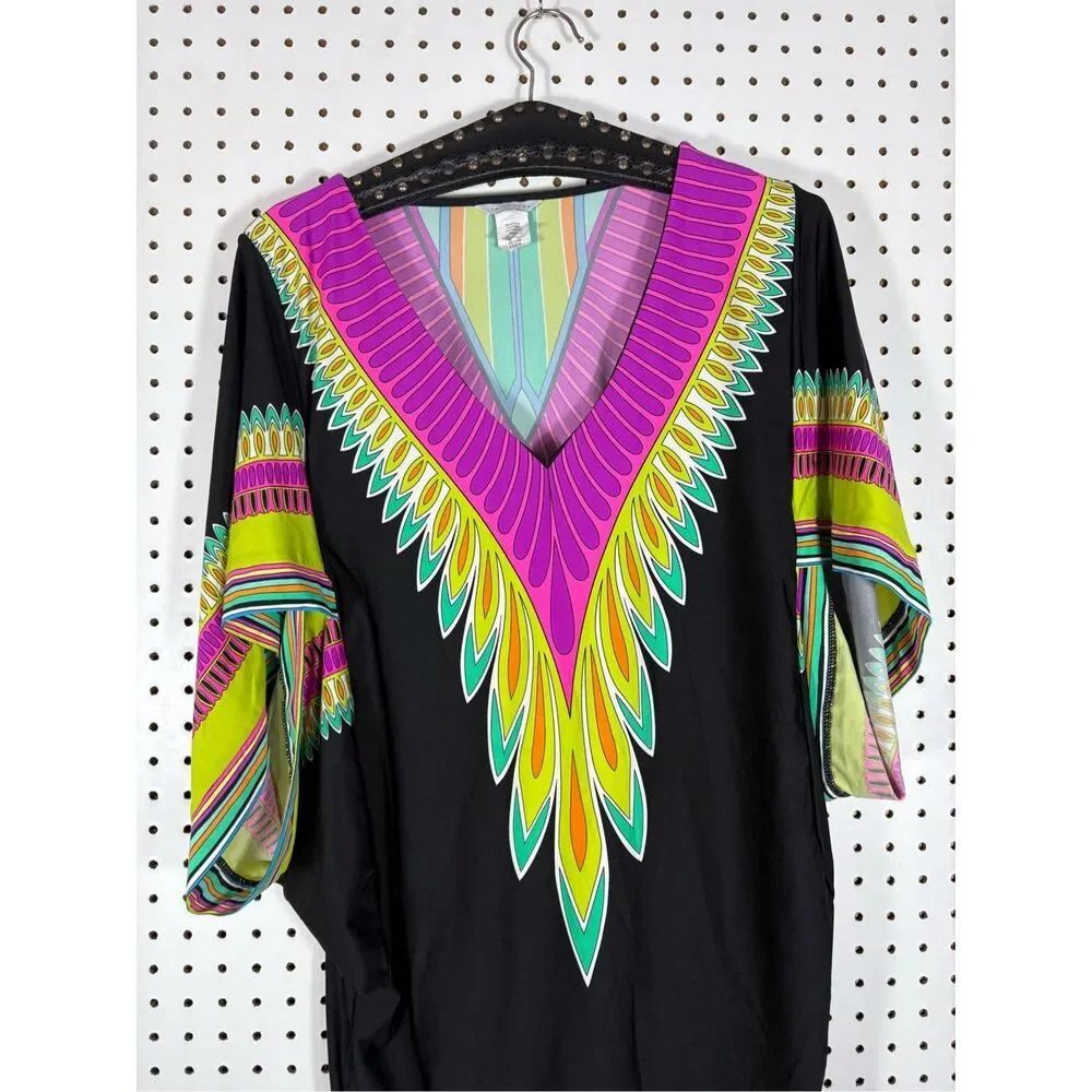 Trina Turk Black & Multicolor Plumas Swim Cover Up Kaftan size S - Picture 5 of 7